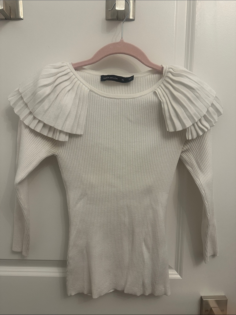 Karen Millen Cream Ribbed Knit Sweater with Pleated Shoulder Ruffles